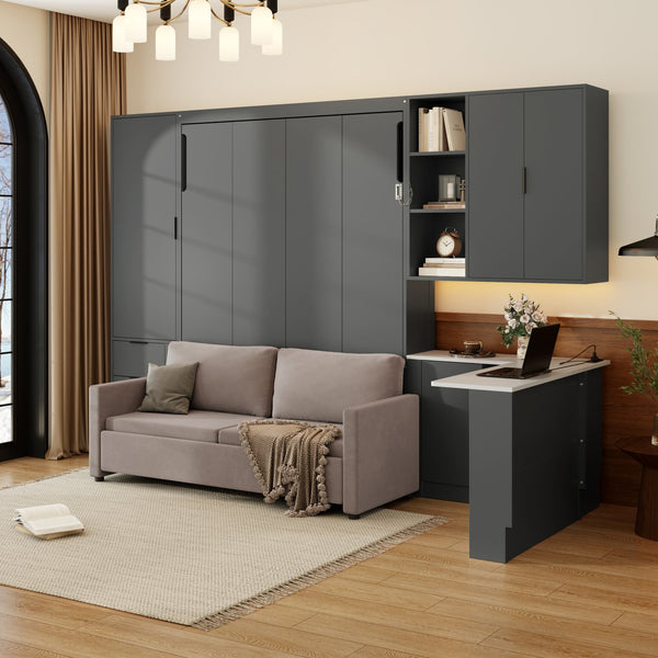 English Elm Queen Murphy Wall Bed Hydraulic Lift Velvet Sofa Built-in Shelves Led Studio Unit Dark Gray LP000392AAE
