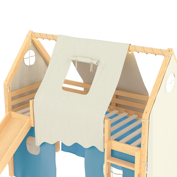 English Elm Twin Pine Loft Bed with House Frame Tent Led Lights Slide and Floor Space Below W1580S00290