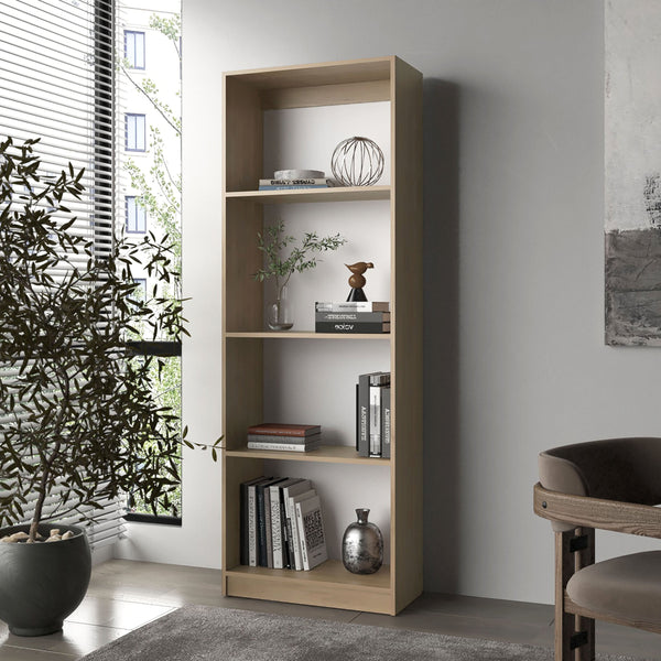 English Elm Bear 4-Shelf Flat Bookcase in Natural Oak & White — 71" Tall Open Storage, Scratch-Resistant Melamine พ B128P314792