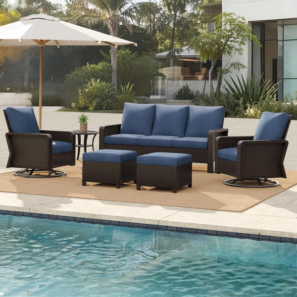English Elm Tl Six Piece Outdoor Seating Set Pe Rattan Swivel Chairs Sofa Footstools Patio W5382S00017