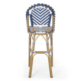 Christopher Knight Home® Noble House 29.5" Outdoor Pe Rattan French Barstool, Navy Blue And White, Aluminum Frame With Bamboo Finish (Set Of 2)