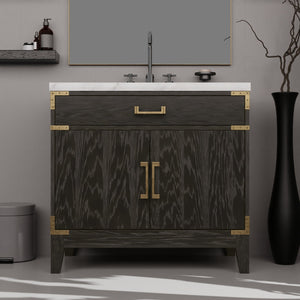 English Elm Black Oak Single Bath Vanity Set With Carrara Marble Top, 34" Mirror & Chrome Faucet For Elegant Style B2731S02219