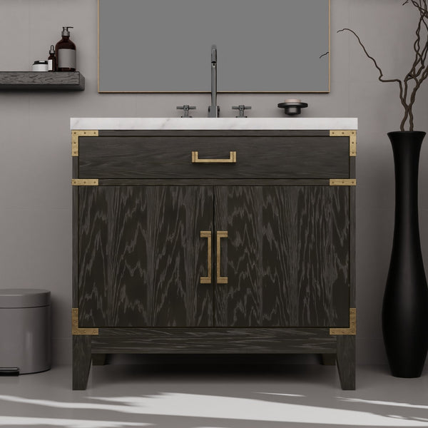English Elm Black Oak Single Bath Vanity Set With Carrara Marble Top, 34" Mirror & Chrome Faucet For Elegant Style B2731S02219