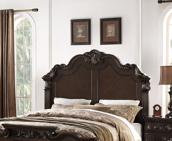 English Elm Traditional Queen Bed Scalloped Crown Headboard Carved Scrollwork Antique Cherry Finish B011S02134