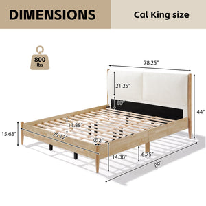 English Elm Christopher Knight Home® - California King Natural Wood Bed Frame with White Upholstered Headboard, Modern Minimalist Elegance N758C670405N
