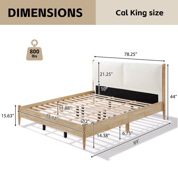 English Elm Christopher Knight Home® - California King Natural Wood Bed Frame with White Upholstered Headboard, Modern Minimalist Elegance N758C670405N