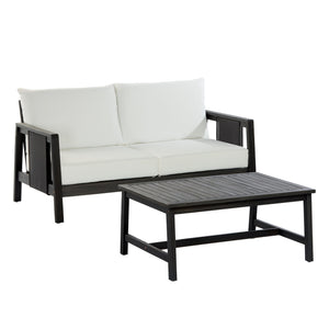 English Elm 2 Piece Outdoor Acacia Wood Loveseat and Coffee Table Set with Textilene Weave Cushions Dark Grey,White+Black N768P368824D