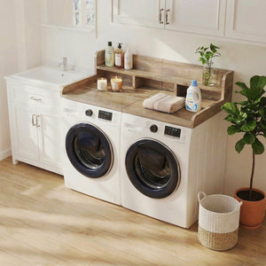 English Elm Washer Dryer Wood Look Shelf Topper with Raised Edge Double Layer Laundry Organizer Brown+Sand W2641P442523
