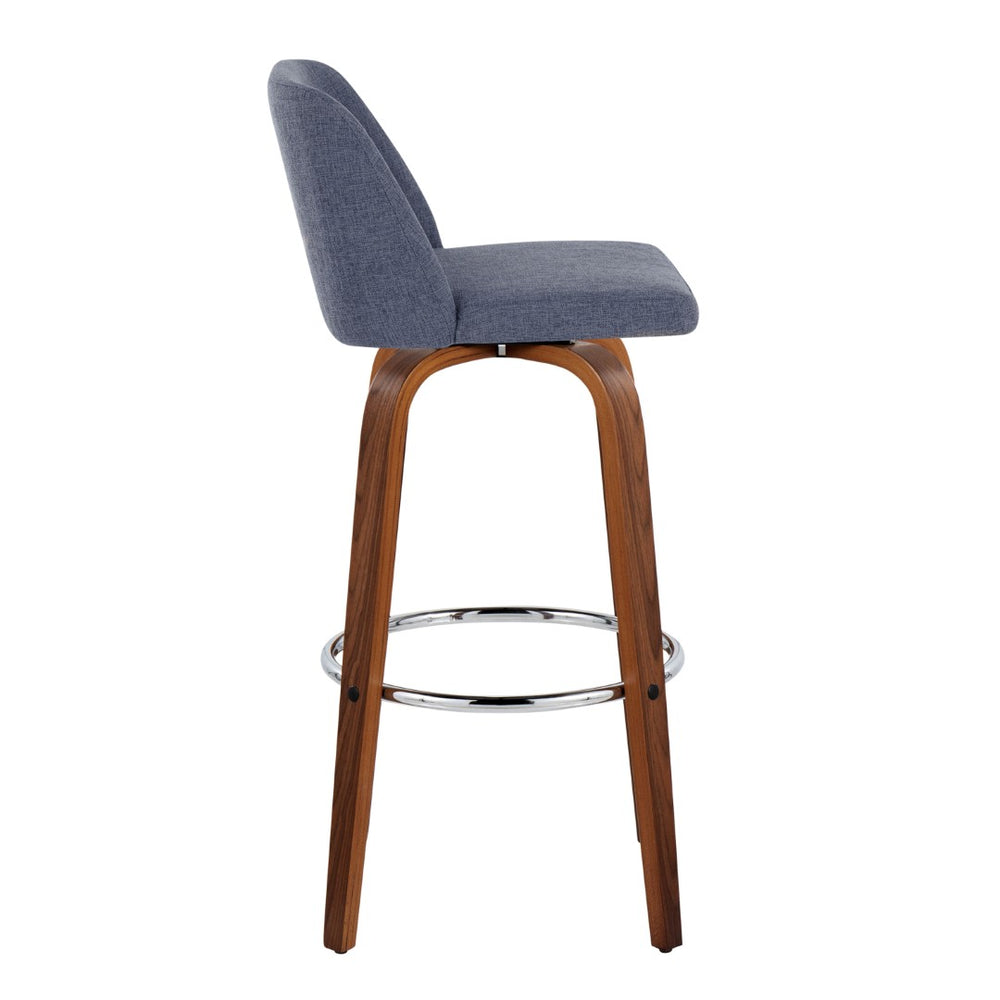 English Elm Toriano 30" Mid-Century Modern Barstool Set Of 2: Stylish Blue Fabric & Walnut Wood With Chrome Footrest B202S00673-GIGA