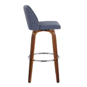 English Elm Toriano 30" Mid-Century Modern Barstool Set Of 2: Stylish Blue Fabric & Walnut Wood With Chrome Footrest B202S00673-GIGA