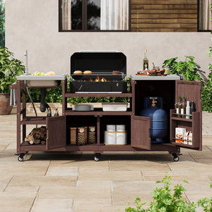 English Elm K&k Solid Fir Outdoor Kitchen Island with Sink Stainless Steel Top and Grill Cutout Brown N707S000022Z