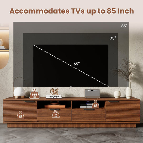 English Elm 78 Inch Walnut Media Console with Slatted Doors Solid Wood Legs and Cable Management N710P374714P