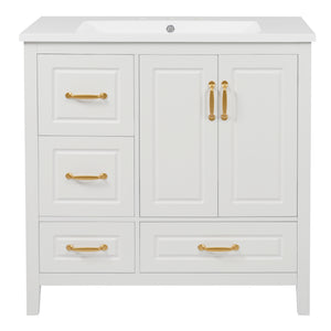 English Elm Christopher Knight Home® - 36" Freestanding Bathroom Vanity with Resin Sink, Soft-Close Doors & Drawers, Gold Alloy Handles, Spacious Storage and Easy Plumbing Access White N759P292552K