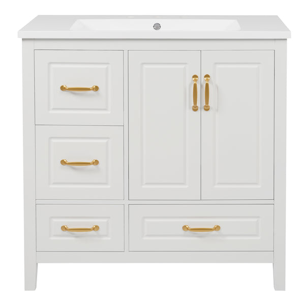 English Elm Christopher Knight Home® - 36" Freestanding Bathroom Vanity with Resin Sink, Soft-Close Doors & Drawers, Gold Alloy Handles, Spacious Storage and Easy Plumbing Access White N759P292552K