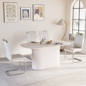 English Elm 63 Inch Cream Mdf Dining Table Set with Pu Chairs Silver Metal Legs Modern 5 Piece W2189S00889