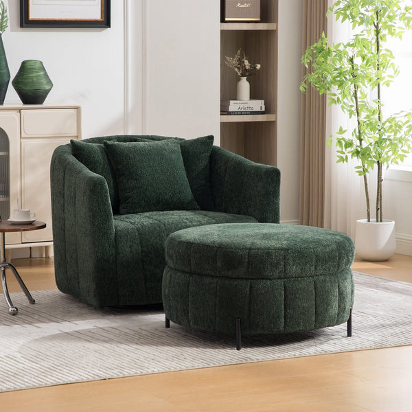 English Elm 39"w Swivel Barrel Club Chair with Channel Tufted Chenille and Round Storage Ottoman Set Green W3118S00049