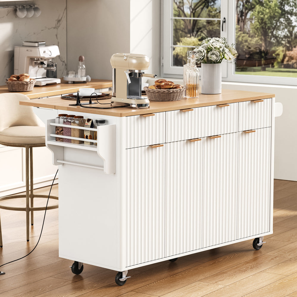 English Elm K&k Fluted Rolling Kitchen Island Faux Marble Top Power Outlet Storage Drawers White N707P353945W