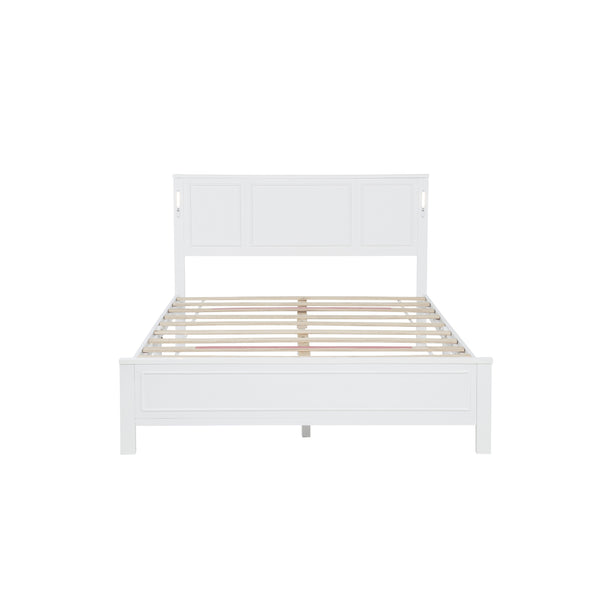 English Elm Queen Pinewood Platform Bed Farmhouse Tall Panel Headboard with Led Lighting and Usb Ports White W504P391091