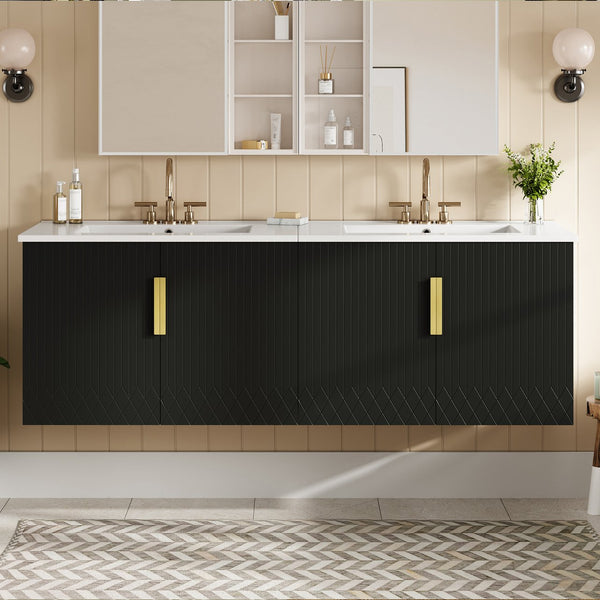 English Elm 60" Vintage Bathroom Vanity with Ceramic Sink Wall-Mount Modern Striped Design Durable MDF Wood Finish Black N710SS00010B