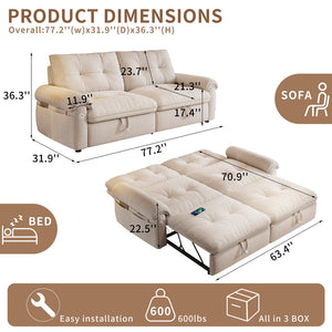 English Elm It 77-inch convertible velvet sofa bed, 2-in-1 loveseat to guest bed with steel frame, high-resilience foam comfort Beige W3820S00014