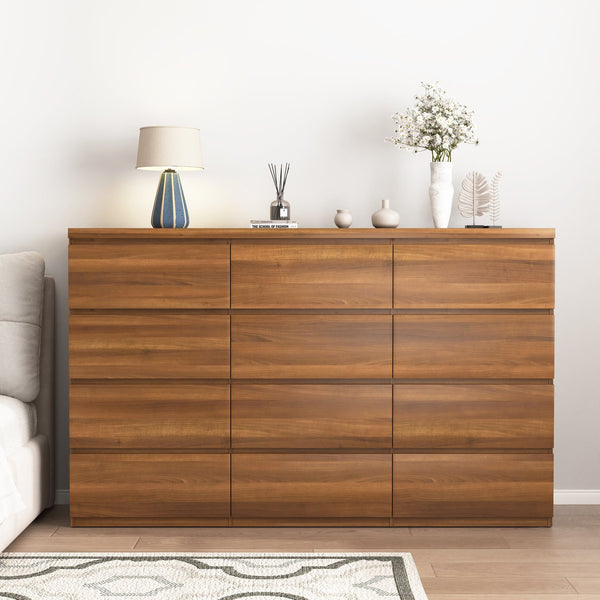 English Elm 12 Drawer Wide Double Dresser Modern Symmetrical Wood Storage Chest for Bedroom Walnut W409S00017