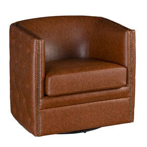 English Elm Capstone Tufted Barrel Swivel Chair with Brown Faux Leather, Bronze Nailhead Accents & Foam Comfort B035118605