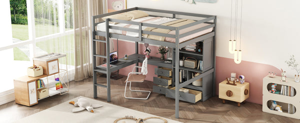 English Elm Full Size Loft Bed With Desk, Storage Solutions, Built-In Ladder & Guardrails For Safe Use In Grey W504S00160