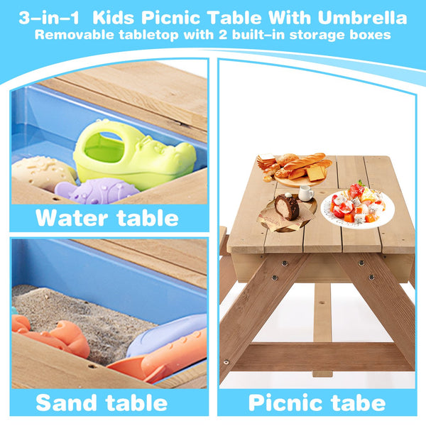 English Elm 3-in-1 Kids Cedar Outdoor Picnic Sand Water Play Table with Shading Umbrella W1390P160713