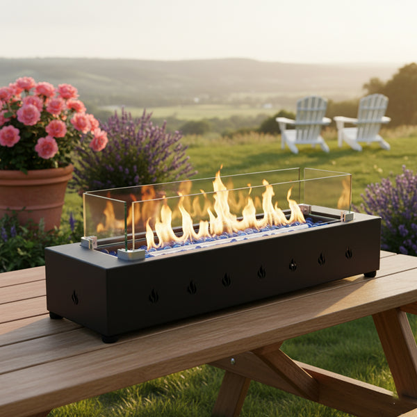 English Elm 28-Inch Wind-Resistant Rectangle Fire Pit 40,000BTU Steel Patio Heater with Glass Beads Design Enhanced W853P366687