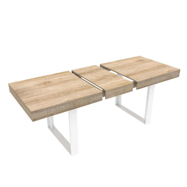 English Elm Extendable Faux Marble Dining Table with V-Legs — Sleek Expandable Conference & Kitchen Centerpiece for 6–10 White+Oak W1347S00005