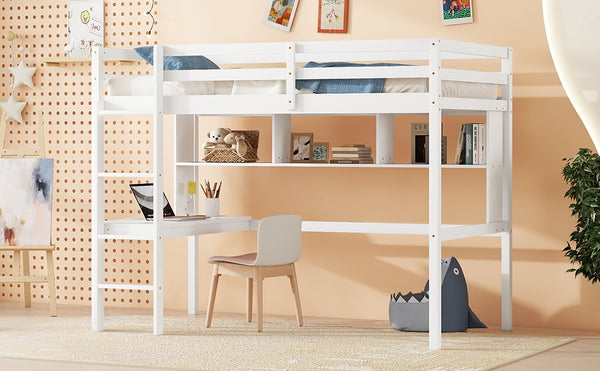 English Elm Twin Loft Bed with Built-In Desk and Bookcase, Pine Frame, Safety Guardrail, Ladder for Study Space White W504P181854
