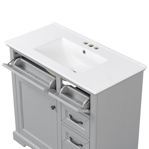 English Elm Christopher Knight Home® - 30" Bathroom Vanity with Sink Vintage Acacia Frame Ceramic Basin Soft-Close Doors & Storage Light Gray N759P313315E