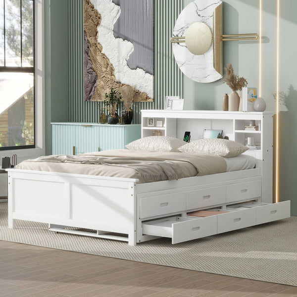 English Elm Full Full Size Platform Bed with Storage Headboard, USB Ports, Twin Trundle & 3 Drawers, Solid Wood White GX000720AAK