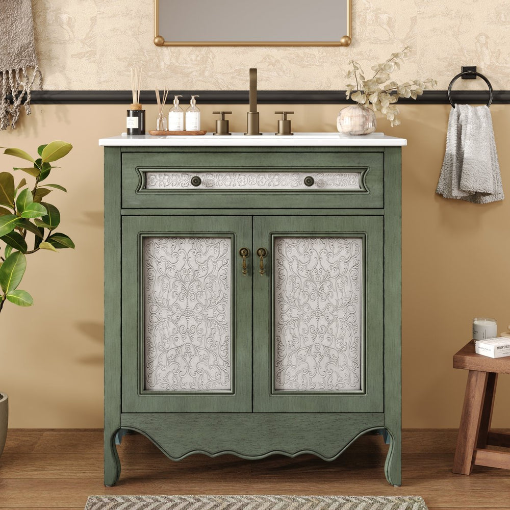English Elm Christopher Knight Home® - 30" Vintage Pattern Bathroom Vanity with Rectangle Ceramic Sink, Floral Doors, Tip-Out Tray, Rustic Charm Antique blue green N817P245319B