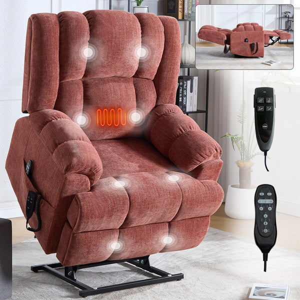 English Elm Dual Motor Power Lift Recliner Chenille Chair with Massage Heat and Infinite Positions Red W3224P288311