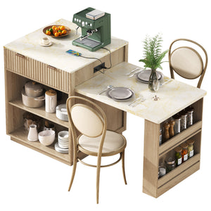 English Elm K&K Fluted Kitchen Island with Extendable Dining Table, Art Deco Mid-Century Design, Built-In Power Hub, Gold Handle Natural N707S000018Y