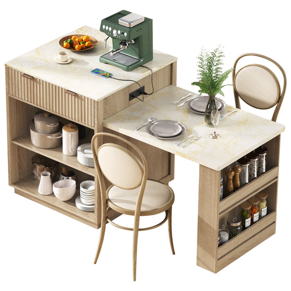 English Elm K&K Fluted Kitchen Island with Extendable Dining Table, Art Deco Mid-Century Design, Built-In Power Hub, Gold Handle Natural N707S000018Y