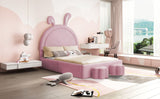 English Elm Full Size Upholstered Rabbit-Shape Bed With 2 Storage Stools, Velvet Platform Bed With Cartoon Ears Shaped Headboard, Pink