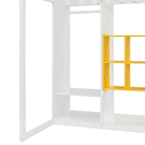 English Elm Twin Loft Bed with Wardrobe Shelves and Cabinet Kids Bedroom Wood Storage Frame Yellow+White N708S00023K