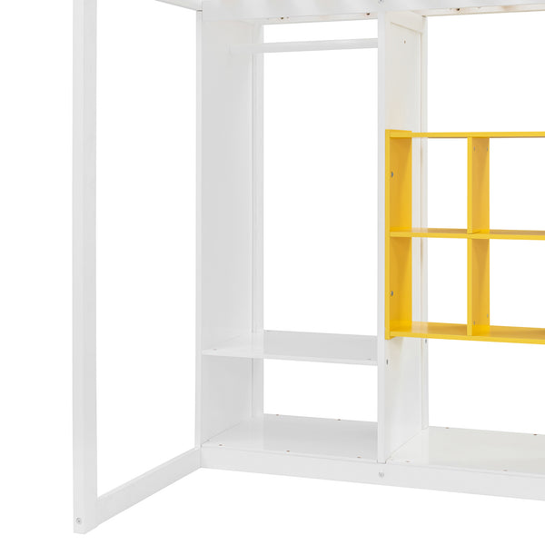 English Elm Twin Loft Bed with Wardrobe Shelves and Cabinet Kids Bedroom Wood Storage Frame Yellow+White N708S00023K