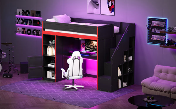 English Elm Gaming Twin Loft Bed with Led Desk Storage Locker and Bold Black Red Finish N709P004102J