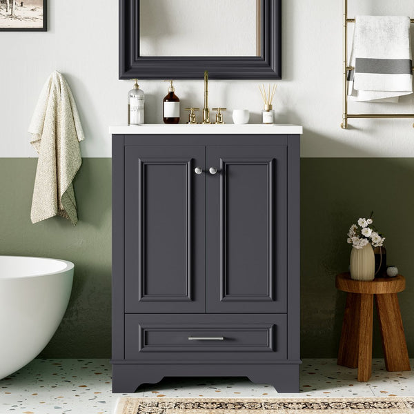English Elm 24'' Bathroom Vanity with Ceramic Sink Combo Modern Freestanding MDF Cabinet with Soft-Close Doors and Sleek Silver Handles for Spacious Organized Bathroom Storage Blue Gray N710P194893C