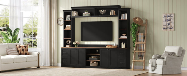 English Elm Unique Low Profile Media Console with Led Lighting Glass Shelves Fits Tvs to 105 Black N721S000077B