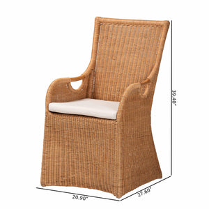 English Elm Bohemian Honey Rattan Armchair Woven Dining Seat with Cutout Skirt for Coastal Rooms B2750P467782