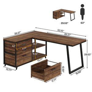 English Elm Working L-shaped Corner Desk with File Drawer Open Shelves and Veneer Surface T3971P450891