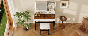 English Elm Makeup Vanity Set with Rotating Led Mirror Amber Glass Top Drawers and Charging Station N704P385441K