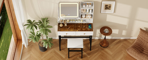 English Elm Makeup Vanity Set with Rotating Led Mirror Amber Glass Top Drawers and Charging Station N704P385441K