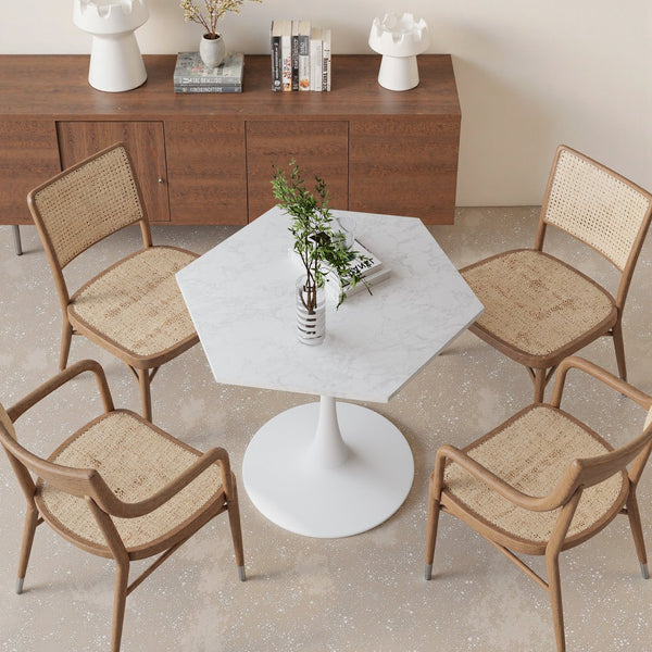 English Elm 31.50" Hexagonal Coffee Table with White Marble Print Top and Metal Base – Modern Compact Chic for Small Spaces W757P186688