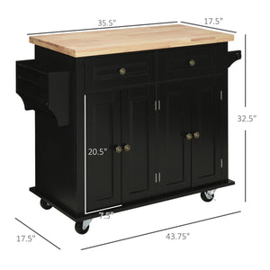 English Elm HOMCOM Mobile Kitchen Island Cart with Rubberwood Butcher Top, Locking Casters, Drawers & Shelves for Organized Prep and Storage Black W2225P173892