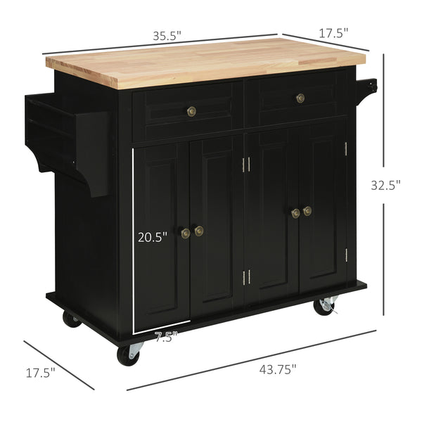 English Elm HOMCOM Mobile Kitchen Island Cart with Rubberwood Butcher Top, Locking Casters, Drawers & Shelves for Organized Prep and Storage Black W2225P173892